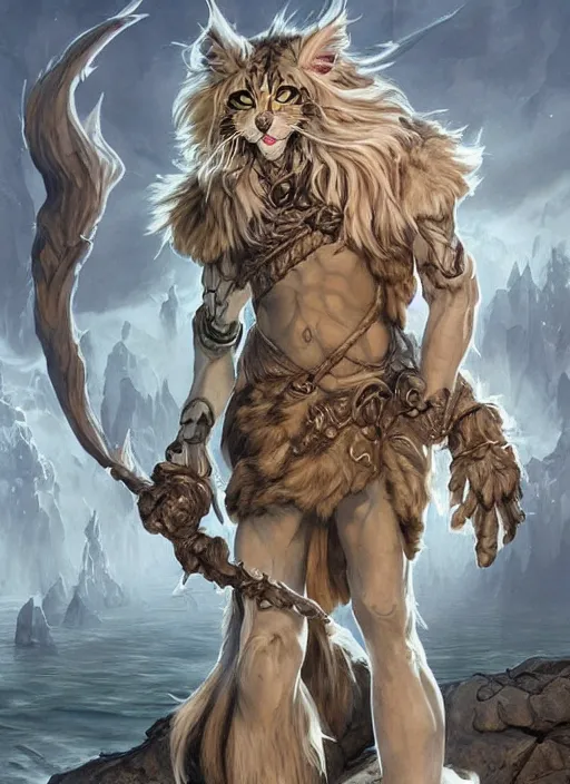 Prompt: stone maine coon, anthropomorphic large maine coon, dnd bipedal golem character, golem coon, aware. stone cat. dnd character concept, dnd digital painting, dnd artstation, dnd concept art, smooth, super sharp focus, illustration, art by artgerm and h r giger and alphonse mucha. epic fantasy illustration for dnd character