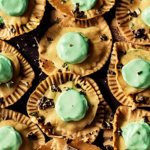 Image similar to photo of mint chocolate chip ravioli on a food magazine