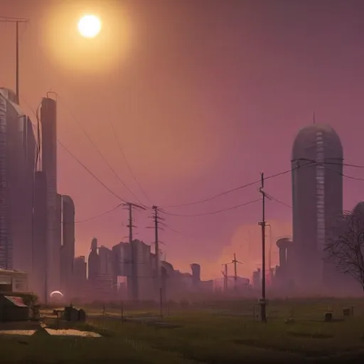 Prompt: A cyberpunk buildings with the sun shining through the clouds in utopia by Simon Stålenhag and Greg Rutkowski,In style of Grant Wood.hyper detailed,8K Resolution,unreal engine 5,Ray Tracing,highly realistic.trending on Artstation