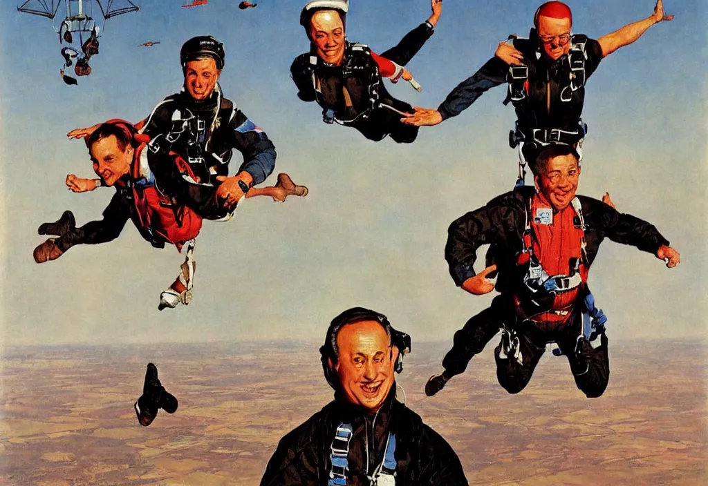 Prompt: benjamin netanyahu skydiving, plane and parachute in background, by norman rockwell, highly detailed