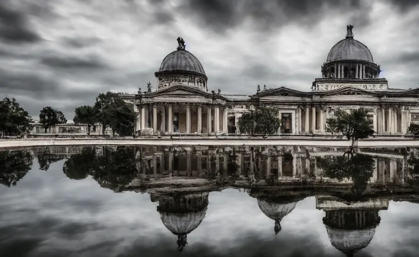 Prompt: neoclassical building with dome in the middle lake, ominous Sky, gloomy atmosphere, cinematic, mist, High definition, 8k, ultra detailed