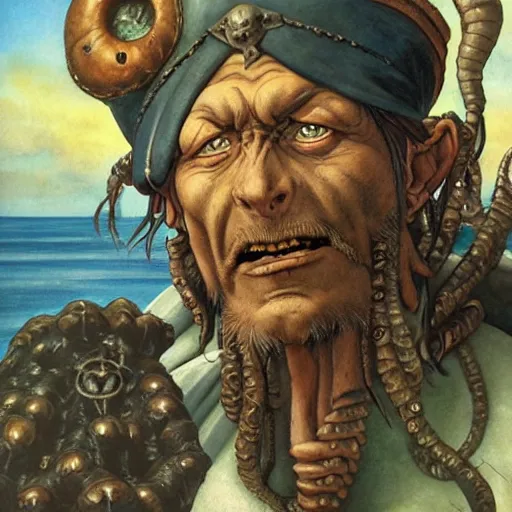 Prompt: a Lovecraftian pirate captain, detailed masterpiece realistic painting by Michelangelo, Moebius, Frank Frazetta, Hayao Miyazaki, Capcom, SNK, Studio Ghibli, Studio Trigger