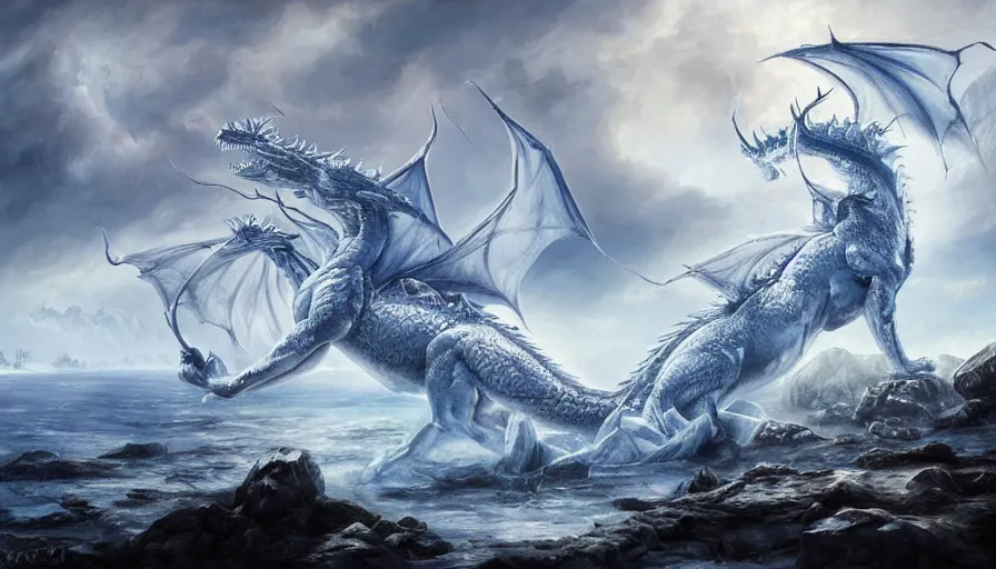 Image similar to epic ice dragon in a nordic landscape under bright daylight with fluffy clouds, set in the words of the Forgotten Realms and Guildwars2, painted by Hans Fredrik Gude, Greg Rutkowksi and Artgerm, concept art 2022, ultra realistic masterpiece, contrasting details vs blank areas, oil on canvas