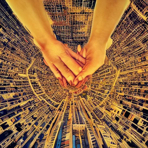 Image similar to The tower of babel made of people standing on top of each other, at the top of the tower there’s a hand that’s reaching for the sun. Wide angle lens, we can see the earth in the frame.