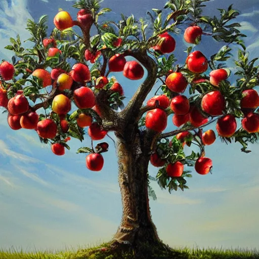 Image similar to a beautiful painting of an apple tree full of apples,artstation,highly detailed