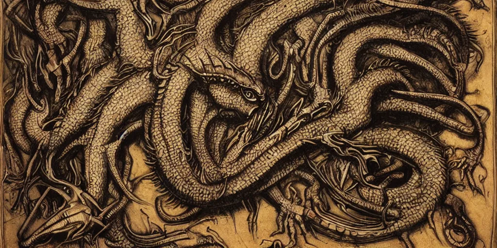 Image similar to a lovecraftian cinematic isograph print of a incan dragon by h. r giger in the style of renaissance art, trending on art station