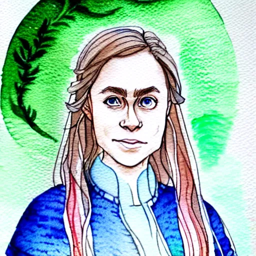 Image similar to a beautiful and very detailed character concept watercolour portrait of sanna!!!!! marin!!!!!, the young female prime minister of finland as a druidic wizard