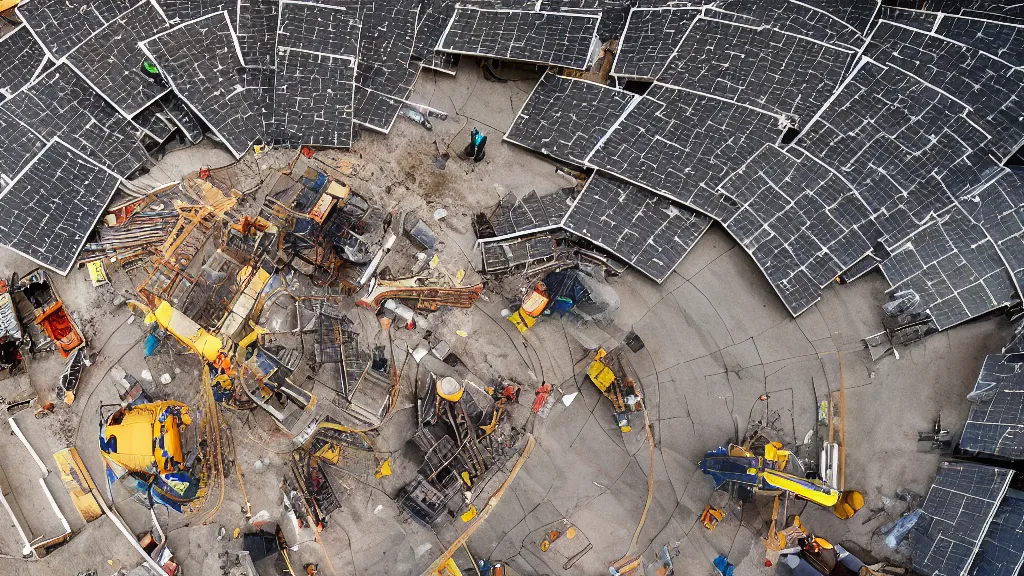 Image similar to Construction workers building the solar system. Extreme wide angle shot from space