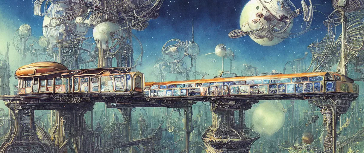 Image similar to A beautiful illustration of a retro futurism elevated railway on another world by Daniel merriam | sparth:.2 | Time white:.3 | Rodney Matthews:.5 | Graphic Novel, Visual Novel, Colored Pencil, Comic Book:.2 | unreal engine:.3