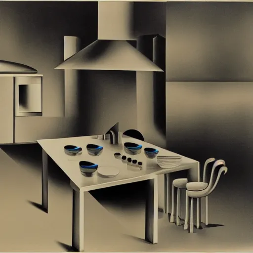 Image similar to kitchen, by yves tanguy