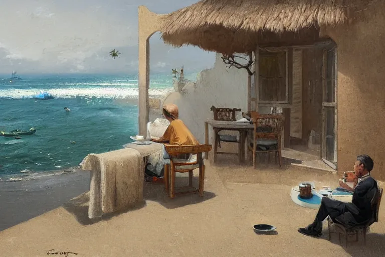 Image similar to a painting of a man sitting down and having a cup of tea in his house by the beach, by greg rutkowski, muted colors