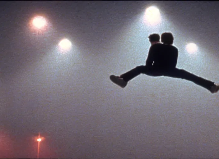 Image similar to a still from the breakfast club ( 1 9 8 5 ) of a man lifelessly floating 1 0 feet above a football oval at night, illuminated by a red light