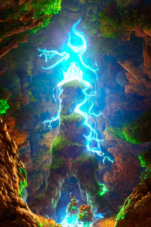 Image similar to arcane fantasy art giant golem elemental wood rock bastion forged gemstone enchanted forest troll, global illumination ray tracing hdr fanart arstation by sung choi and eric pfeiffer and gabriel garza and casper konefal lisa frank zbrush central hardmesh radiating a glowing aura