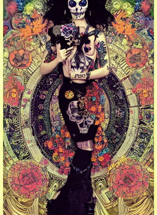 Image similar to cute punk goth fashion fractal Día de los Muertos tattooed girl posing in goth outfit by Zhang Jingna, psychedelic poster art of by Victor Moscoso Rick Griffin Alphonse Mucha Gustav Klimt Ayami Kojima Amano Charlie Bowater, masterpiece