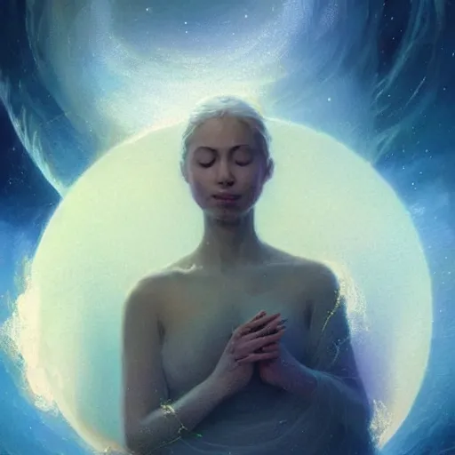 Image similar to A woman holding!!!!! Earth!!!!! in her eloquently gentle palms while she solemnly meditates about what to do next in the creation of the universe, illustrated by Greg Rutkowski and Gaston Bussiere, vividly radiantly beautiful lighting, closeup!!!!!, portrait imagery!!!!!, dazzling dappled lighting, subsurface scattering, light refractions, trending on artstation, 4k, 8k!!!!!