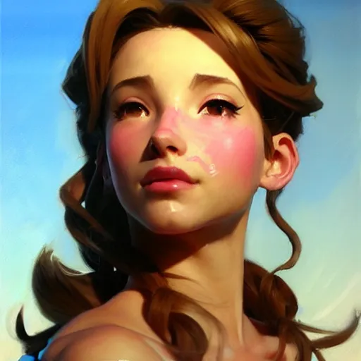 Image similar to Greg Manchess portrait painting o Aerith Gainsborough as Overwatch character, medium shot, asymmetrical, profile picture, Organic Painting, sunny day, Matte Painting, bold shapes, hard edges, street art, trending on artstation, by Huang Guangjian and Gil Elvgren and Sachin Teng