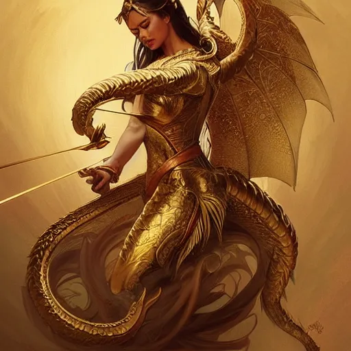 Prompt: a golden dragon holding a bow and arrow, mountains, D&D, fantasy, intricate, elegant, highly detailed, digital painting, artstation, concept art, smooth, sharp focus, illustration, art by artgerm and greg rutkowski and alphonse mucha