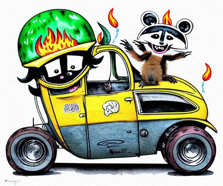 Prompt: cute and funny, racoon wearing a [ helmet with flame stickers ] riding in a tiny hot rod coupe with oversized engine, ratfink style by ed roth, centered award winning watercolor pen illustration, isometric illustration by chihiro iwasaki, edited by range murata