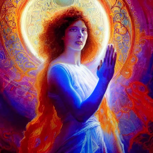 Prompt: Woman partially clasping her hands together, emanating a powerful magical orb from the centerpiece, creating a mystical energy of blue, red, and purple vibrant and radiant colors, illustrated by Gaston Bussiere and Greg Rutkowski, beautiful bright lighting, volumetric lighting, a wonderful portrait image, intricate, detailed, trending on artstation, 4k, 8k