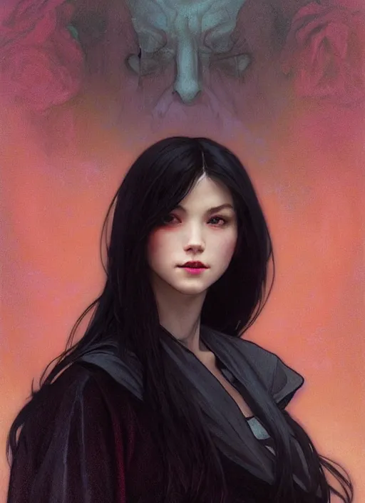 Prompt: girl, portrait, devil smile, ice magic, long face, sharp features, black hair, dark robe, dnd, art by artgerm and greg rutkowski and alphonse mucha, trending on artstation, cinematic light, pastel colors, volumetric shading, high radiosity dull skin, global illumination, radiant light, soft light, soft color dodge, subsurface scattering