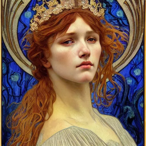 Image similar to detailed realistic beautiful young medieval queen face portrait by jean delville, alphonse mucha, vincent van gogh, and marco mazzoni, art nouveau, symbolist, visionary, gothic, pre - raphaelite