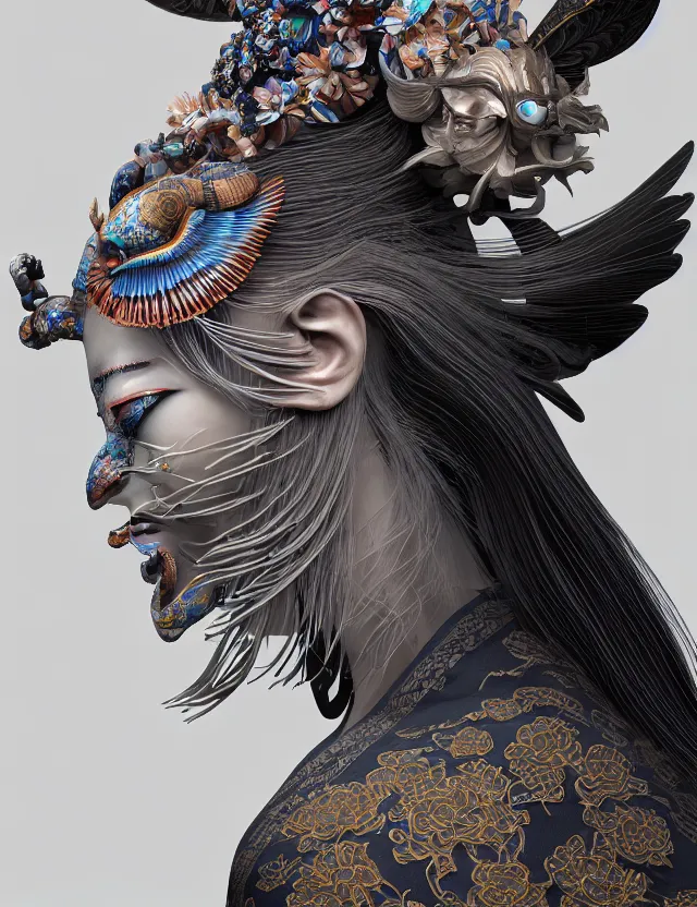 Image similar to 3 d goddess in robe close - up profile portrait with ram skull. beautiful intricately detailed japanese crow kitsune mask and clasical japanese kimono. betta fish, jellyfish phoenix, bio luminescent, plasma, ice, water, wind, creature, artwork by tooth wu and wlop and beeple and greg rutkowski