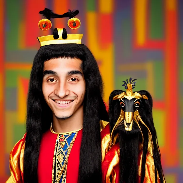 Prompt: A photo of Emperor Kuzco!!!!!!!!!!!!!!!! in his 14s, peruvian looking, with his long black hair, beardless, smiling with confidence, and wearing!!! his emperor clothes. Portrait by Terry Richardson. Golden hour. 8K. UHD. Bokeh.