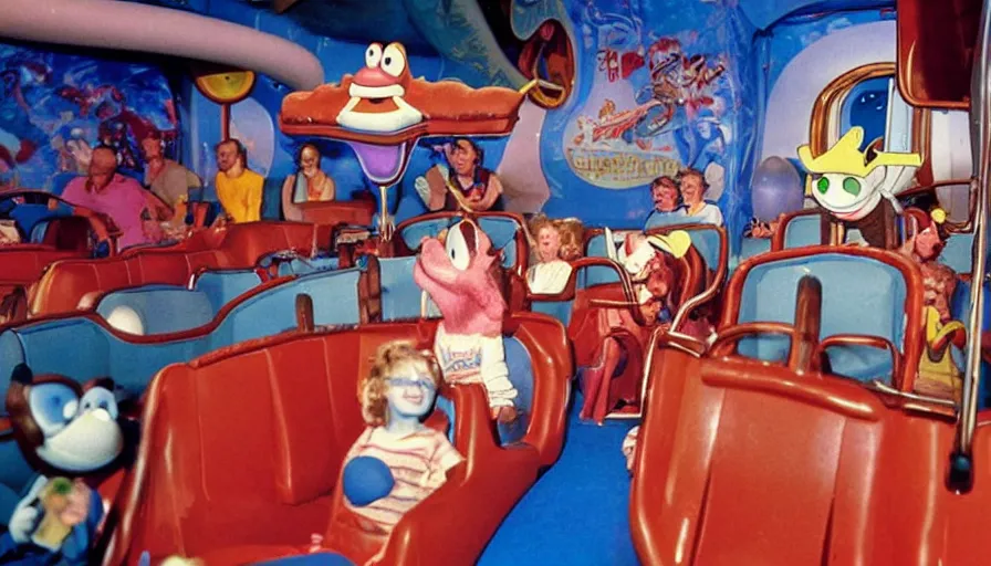 Image similar to 1990s photo of inside the Ren & Stimpy show ride at Universal Studios in Orlando, Florida, children riding through the space ship episode with Ren, Stimpy, Log and soap , cinematic, UHD