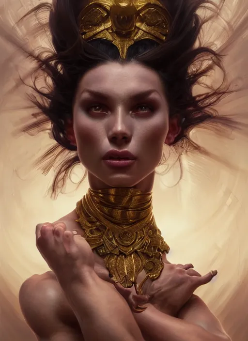 Image similar to muscular goddess dancer of the underworld, severe expression, crooked nose, shiny, intricate, elegant, highly detailed, ultra definition, digital painting, artstation, vray, concept art, smooth, high speed photography, illustration, art by artgerm and greg rutkowski and alphonse mucha and james jean
