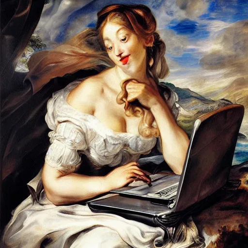 Image similar to heavenly summer sharp land sphere scallop well dressed lady working on her laptop auslese, by peter paul rubens and eugene delacroix and karol bak, hyperrealism, digital illustration, fauvist, looking at her imac laptop