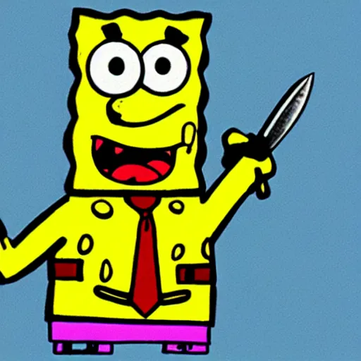 Prompt: sketchy crayon drawing of spongebob squarepants holding a kitchen knife