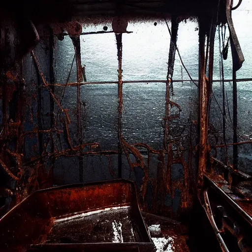 Image similar to the interior of a partially flooded rusty shipwreck, dark, scary lighting, scary, creepy, eerie, horror, submechanophobia, water ripples, photo,