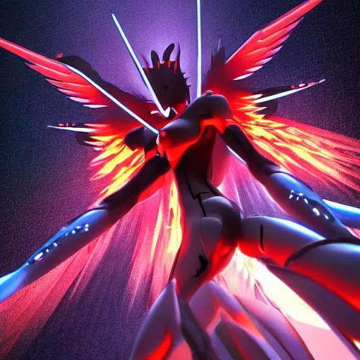 Prompt: evangelion angel invaders burning wings 4 k path traced high definition detailed artstation realistic trending dramatic lighting hyperrealism bokeh focus high frequency noise