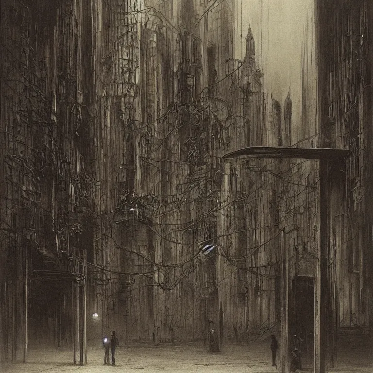 Image similar to some people waiting in a lone bus stop in qiet dark city, by H.R. Giger and Zdizslaw Beksinski