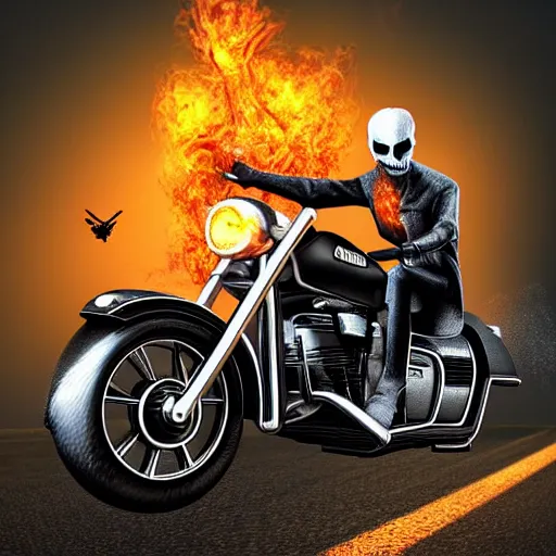 Image similar to ghost rider aiming with shotgun on motocycle, high detail, gorgeous view