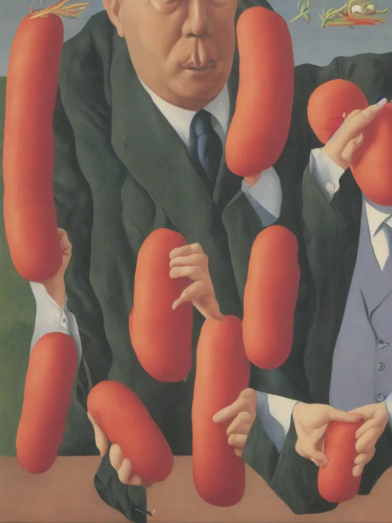 Image similar to Rene Magritte's Son Of Man painting with a floating pink hotdog blocking the face, the hotdogs all have faces, the hotdog has a stem and leaves and is growing more unripe hotdogs on the hotdog vine