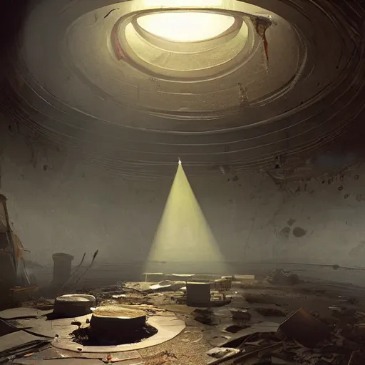 Image similar to a concept art of a round room with super high ceiling. a round hole in the middle of the ceiling that lets the sunrays go through. a pile of dirt, garbage and shit in the bottom. volumetric lighting. rutowsky, craig mullins.