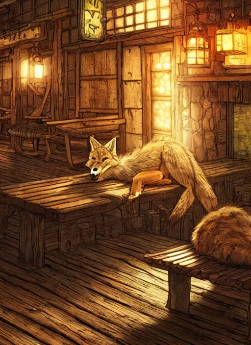 Prompt: coyote sleeping on a bench in a cozy tavern, hidari, color page, tankoban, 4K, tone mapping, Akihiko Yoshida.