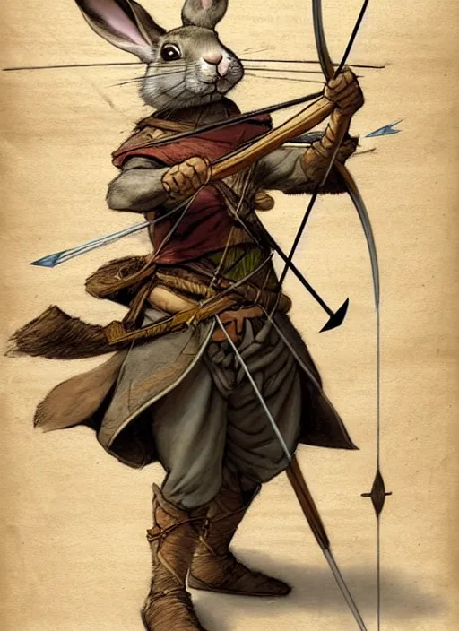 Image similar to a heroic rabbit archer with bow and arrow on a parchment background, redwall, greg rutowski and jean baptiste monge, detailed, epic fantasy concept art