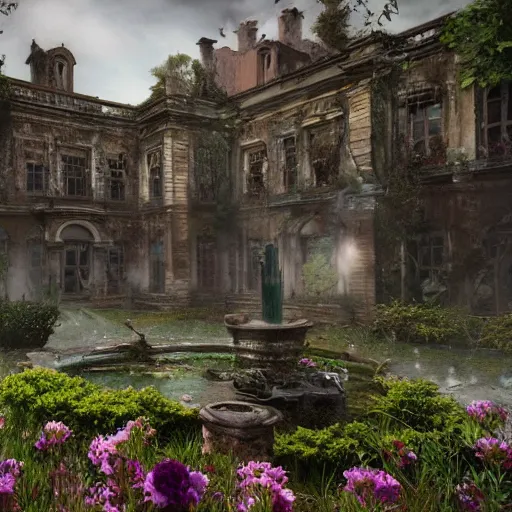 Image similar to abandoned garden inside a dark mansion, fountain, dead flowers, realistic, highly detailed, hd, unreal engine, background of resident evil game