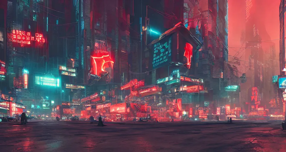 Image similar to soviet cyberpunk street with propaganda screens, 4K, trending on artstation, a masterpiece