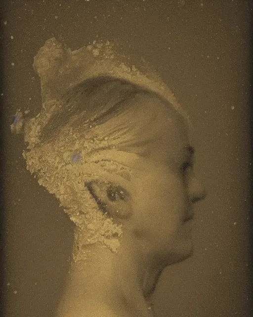 Image similar to a woman's face in profile, made of a snow capped Swiss mountain, in the style of the Dutch masters and Gregory Crewdson, dark and moody