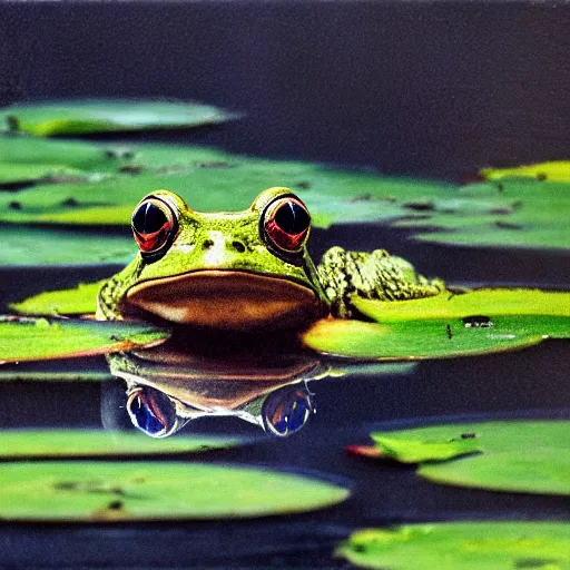 Prompt: oil painting close - up of a smiling frog in the pond with water lilies, high grey medieval castle on background, shallow depth of field, highly detailed, ominous, digital art, masterpiece, matte painting, sharp focus, matte painting, by isaac levitan, monet, asher brown durand,