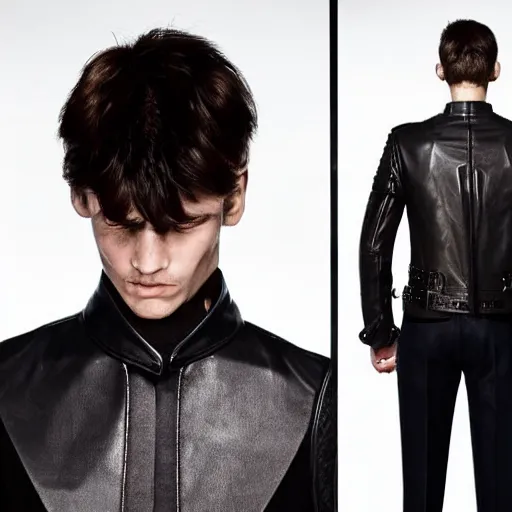 Prompt: a editorial photo of a male model wearing a alexander mcqueen medieval cropped leather menswear jacket