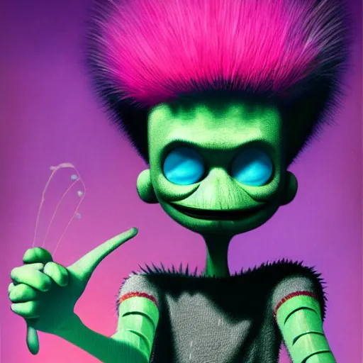 Image similar to a pink punk rock alien with black spiked hair, an airbrush painting by Jamie Hewlett, cgsociety, symbolism, antichrist, aesthetic, 8k