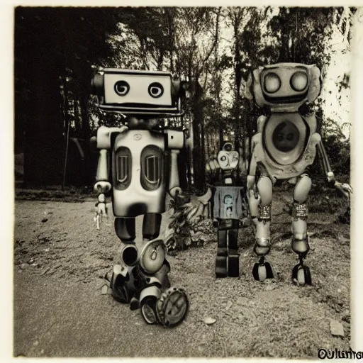 Image similar to the most creepy family photo of robots, 35mm lens, post apocalyptic, a dumping ground