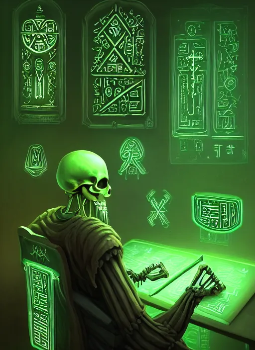 Image similar to portrait of ancient skeleton writing runes into personal computer with glowing green keys, runes, runic words, ancient evil letters, glowing green, intricate, elegant, glowing lights, highly detailed, digital painting, artstation, concept art, smooth, sharp focus, illustration, art by wlop, mars ravelo and greg rutkowski