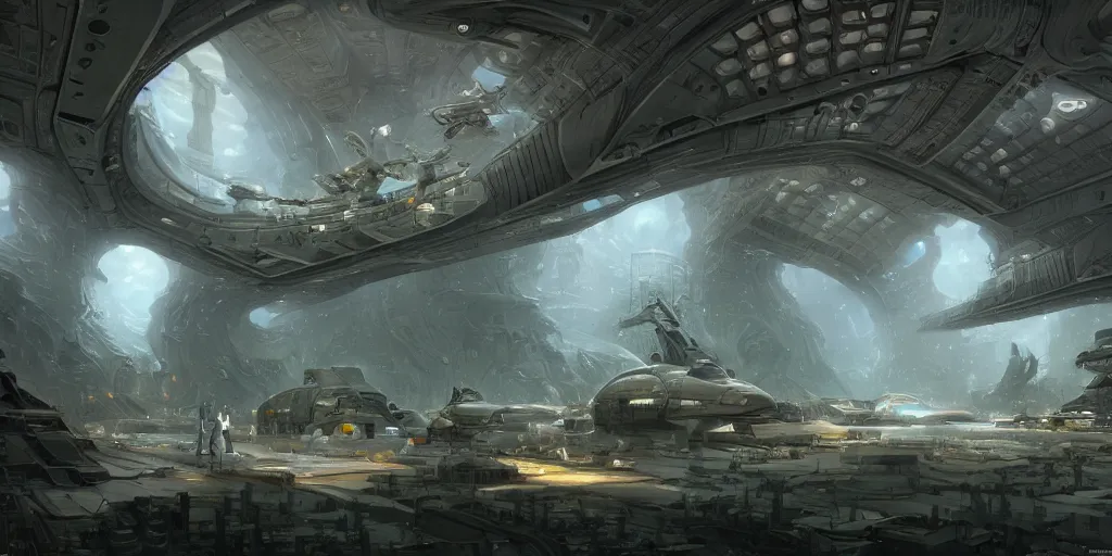 Image similar to one thousand aligned cryogenic pods, spaceship hangar, symmetrical, sci-fi, cryogenic pods, many cryogenic pods, interior, fantasy, 4k, wide shot, matte painting, oil painting, concept art, art station, alan lee and peter mohrbacher and frank frazetta and mike mignola