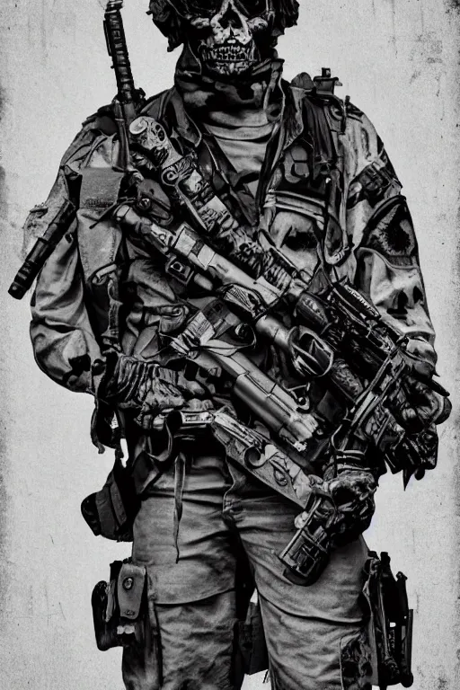 Image similar to a paranormal soldier, ouija tattoo on face, emp weapons strapped in shoulders, horror sci - fi black and white poster