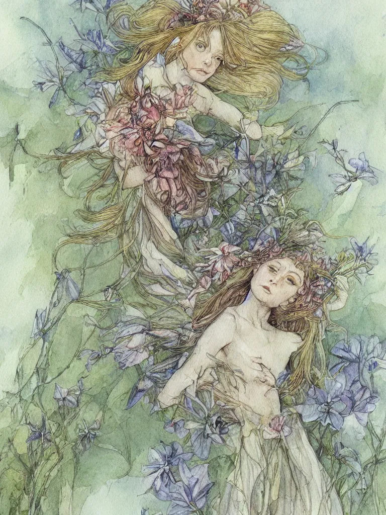 Image similar to annotated study of a flower fairy, illustration, watercolor, alan lee, detailed, pretty, ethereal,